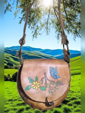 Handcrafted Tooled Leather Boho Shoulder Bag, Floral & Butterfly Detail 1970 USA